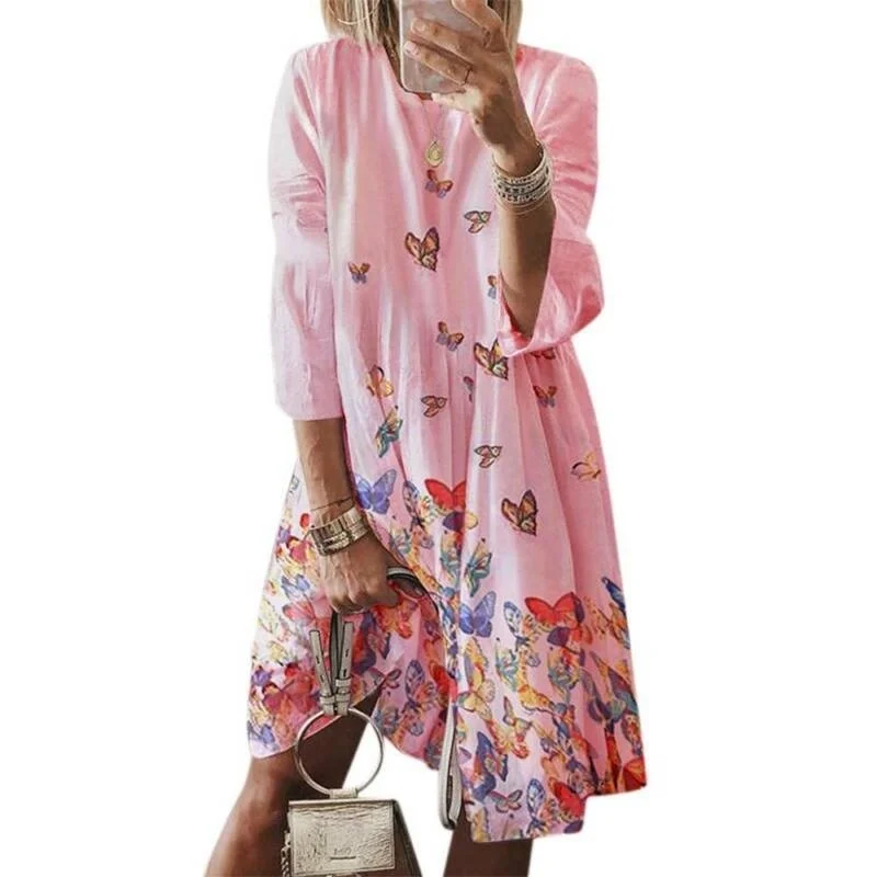 

VICABO Women Boho Butterfly Printed Vestido 2020 Autumn Long Sleeve Knee-length Dress 5xl female Casual Loose 5XL Vestido