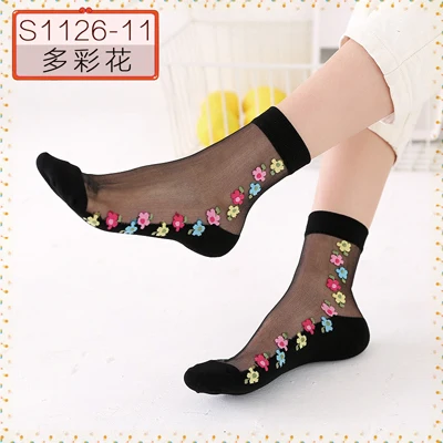 Hyrax trends Transparent sexy bud ladies silk Socks flower design Black transparent color Sexy fashion lace sock - Цвет: 1pack5pairs