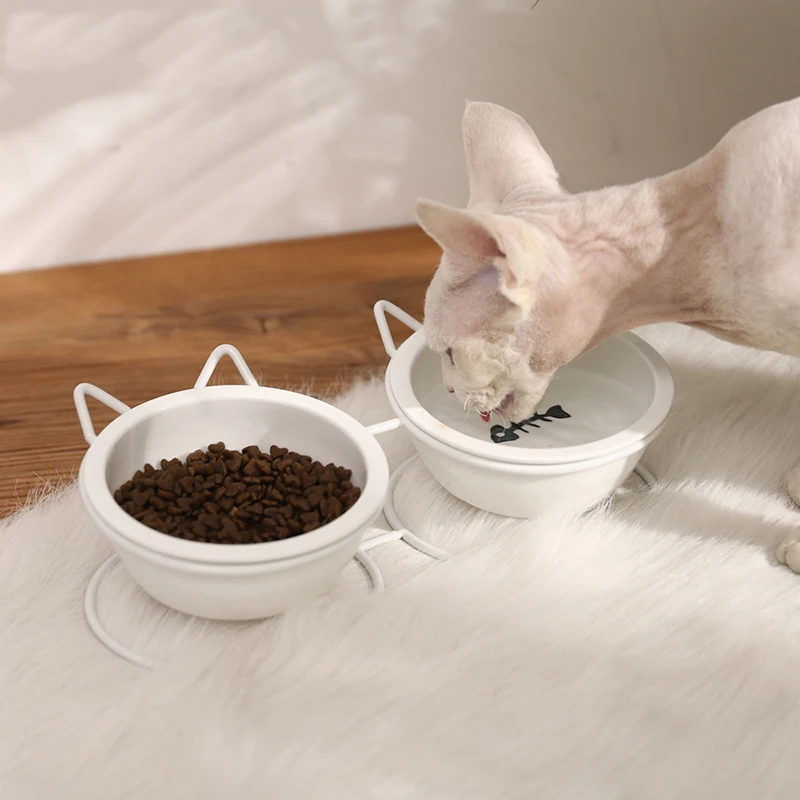 

Cat Shape Double Cat Bowl High-Leg Ceramic Bowl for Cats Puppy Stainless Steel Shelf Ceramic Bowl Feeding and Drinking Bowl