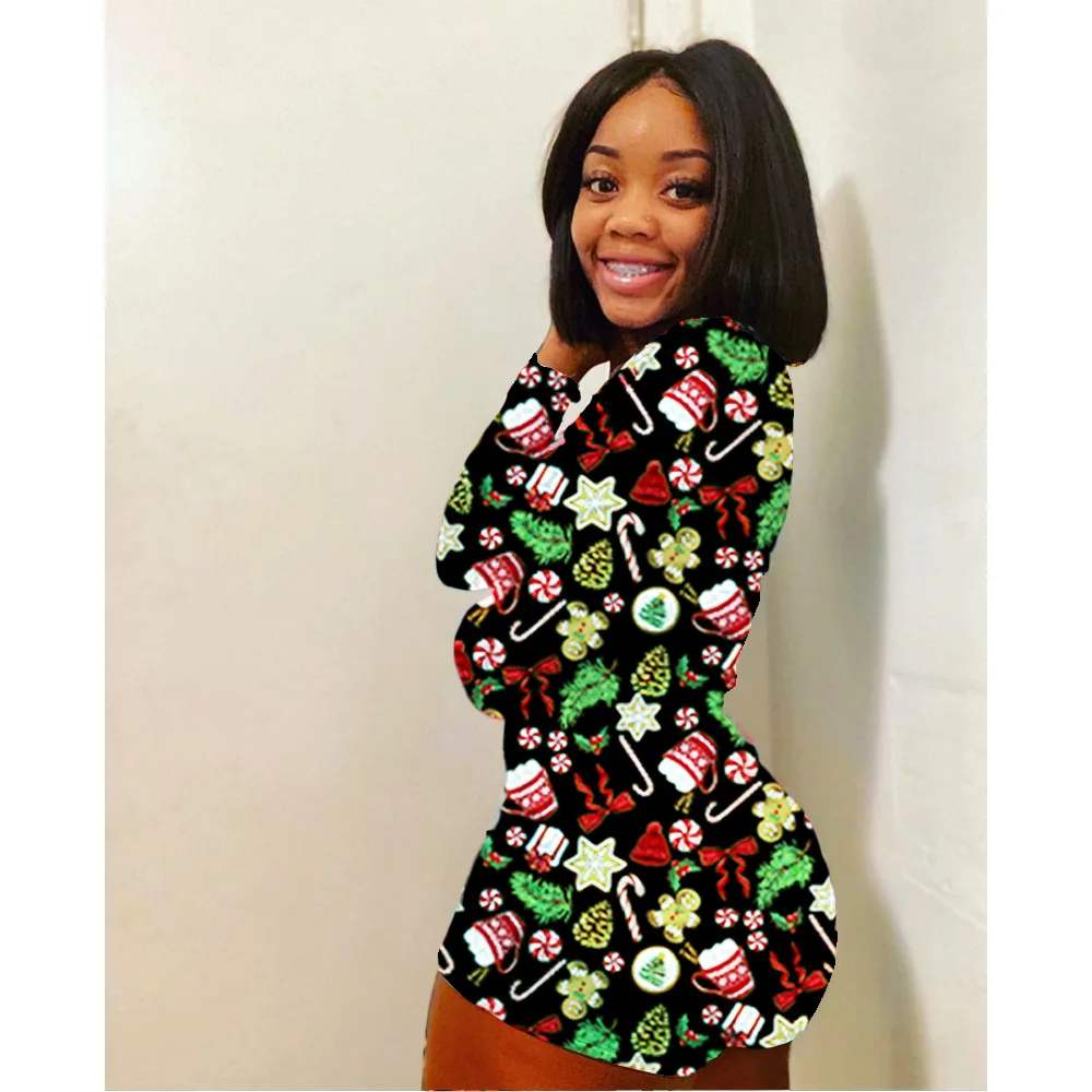 

Christmas Print Long Sleeve Playsuit Sexy Party Club One Piece Women Romper Sleepwear Bodysuit Night Button Up Outfits