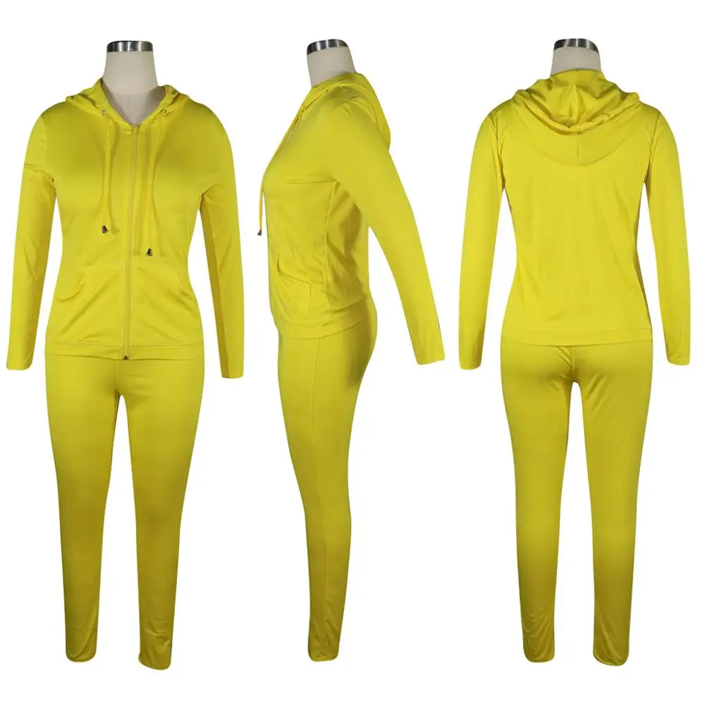 

Autumn 2020 leisure solid color tight sports suit fashion fit hooded collar long sleeve coat and pants women's two-piece set
