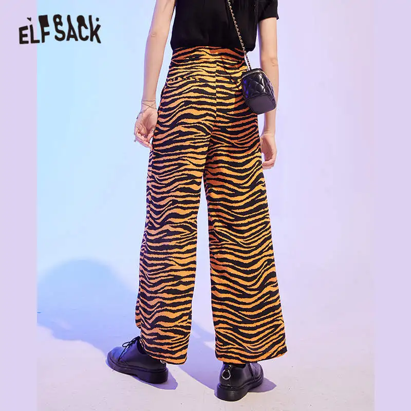 ELFSACK Orange Tiger Striped Straight Casual Women Wide Leg Trousers 2020 Autumn ELF High Waist Korean Ladies Daily Bottom