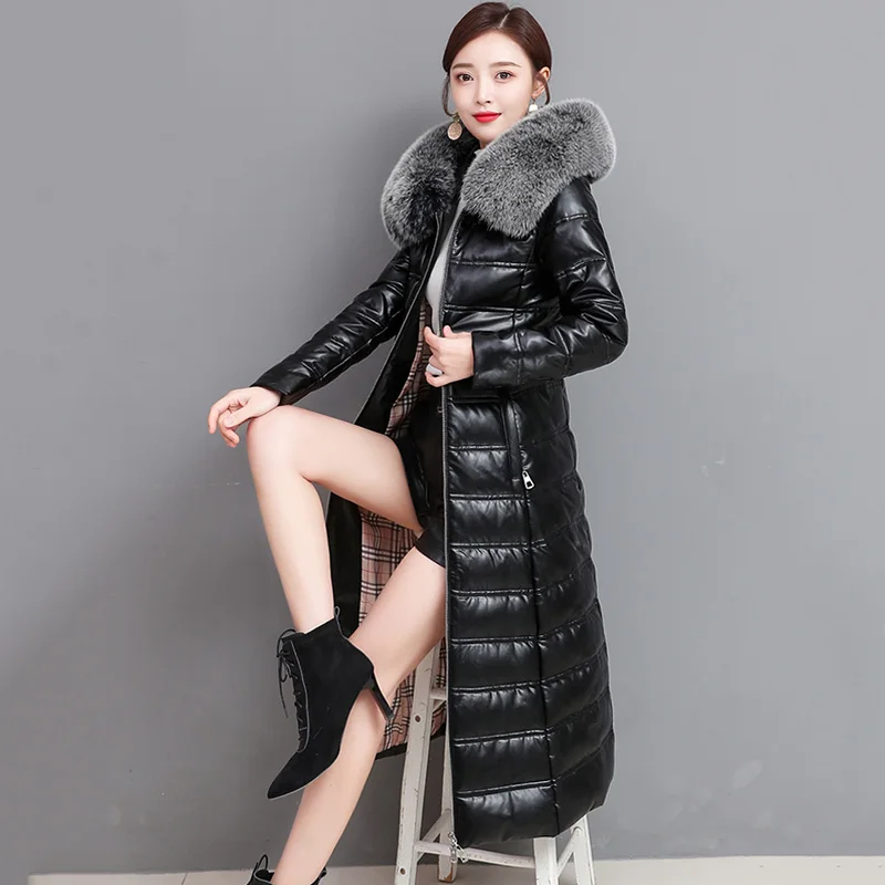 New Women Sheep Leather Down Coat Autumn Winter 2022 Warm Hooded Soft Real Fur Collar Slim Sheepskin White Duck Down Overcoat