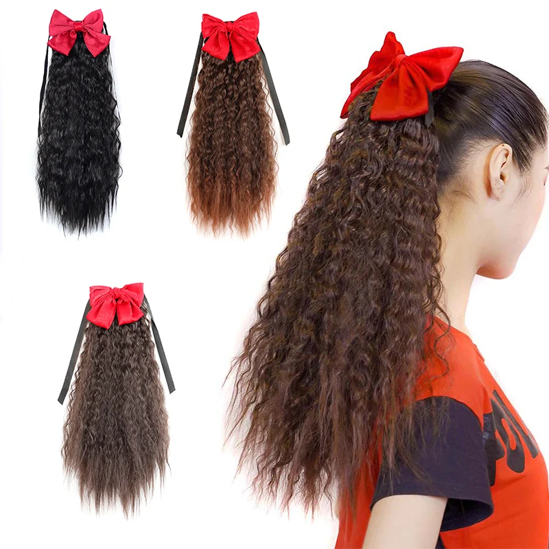 

Aidaiya Afro Long Corn Curly Pony Tail Hairpieces Bowknot Drawstring Ponytails Hair Extension High Temperature Fiber Hair 60cm