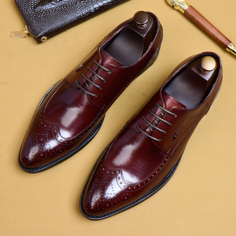 Туфли-Броги мужские из натуральной кожи дышащие туфли без каблука с круглым