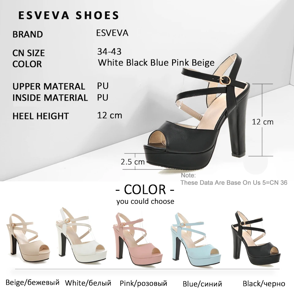 

ESVEVA 2018 Women Sandals Casual Square Super High Heels Summer Shoes PU Buckle Strap Sandals Platform Women Shoes Size 34-43