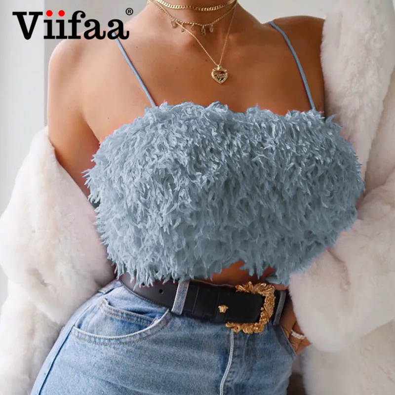Viifaa синий пушистый модный уличная одежда без рукавов Cami Топы для женщин 2020 Весна