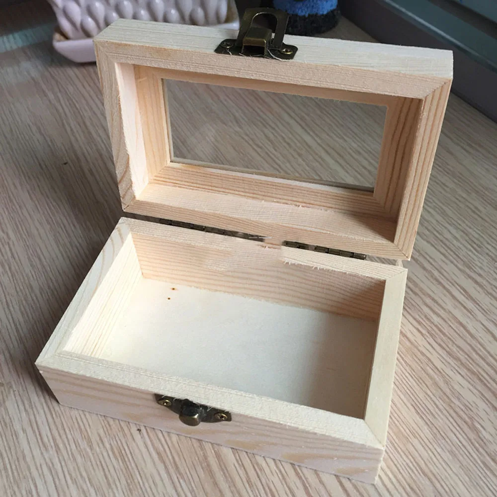 Unfinished Wooden Tool Jewelry Storage Box Glass Lid Chest Case Keepsake Gift jewelry case with glasses top chinese retro vintage style wooden jewelry box storage case with keys for woman gift