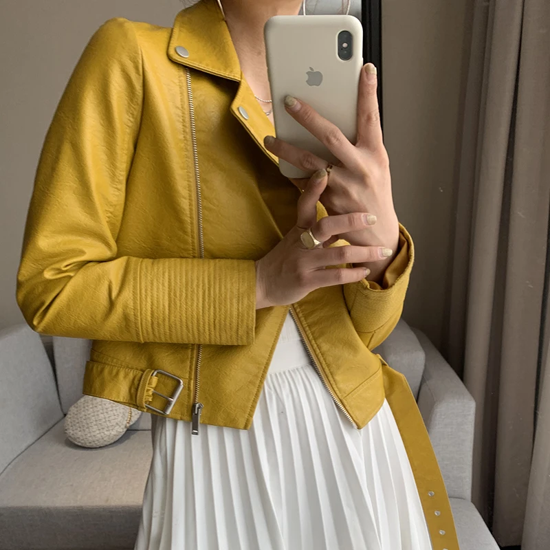 

Spring Autumn Streetwear Faux Leather Jacket Women Long Sleeve Turn Down Collar with Belt Leather Coat Ladies Red Biker Outwear