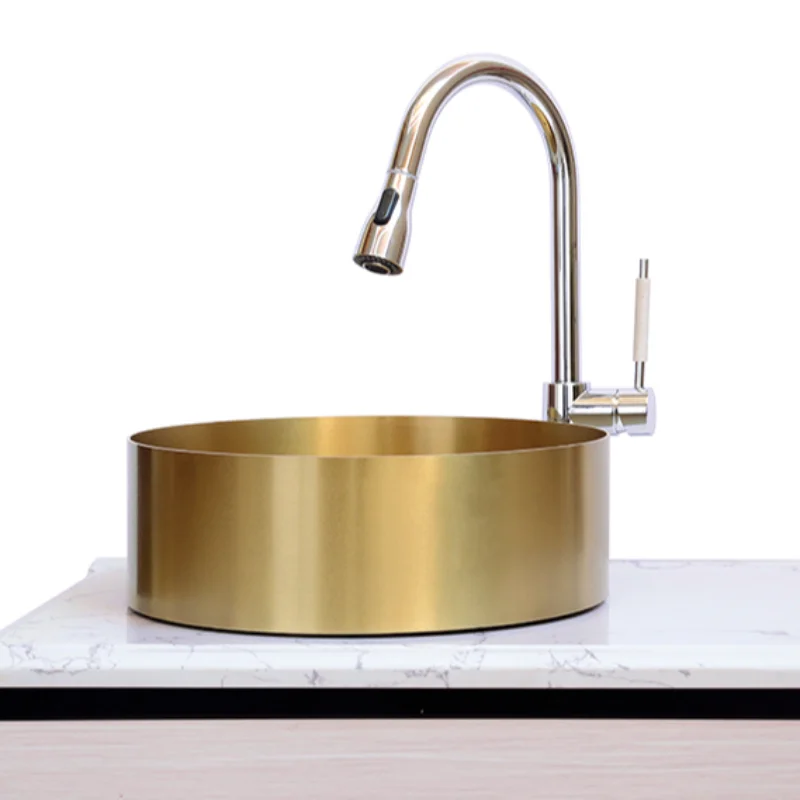 

Stainless Steel Polished Round Drop-in or Undermount Lavatory Sink, Golden Color Sink Bathroom Wash Basin