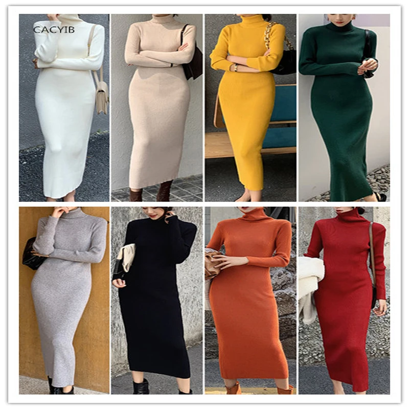 

Женское платье осень-зима шерстяная юбка с низом женское восьмицветное длинное выше колена корейская версия трикотажное платье с высоким в...