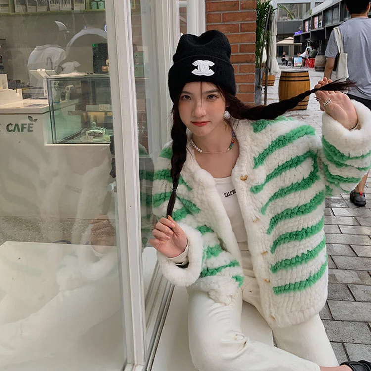 Шерстяной вязаный кардиган Haining из шерсти кролика Рекс в полоску шерстяное