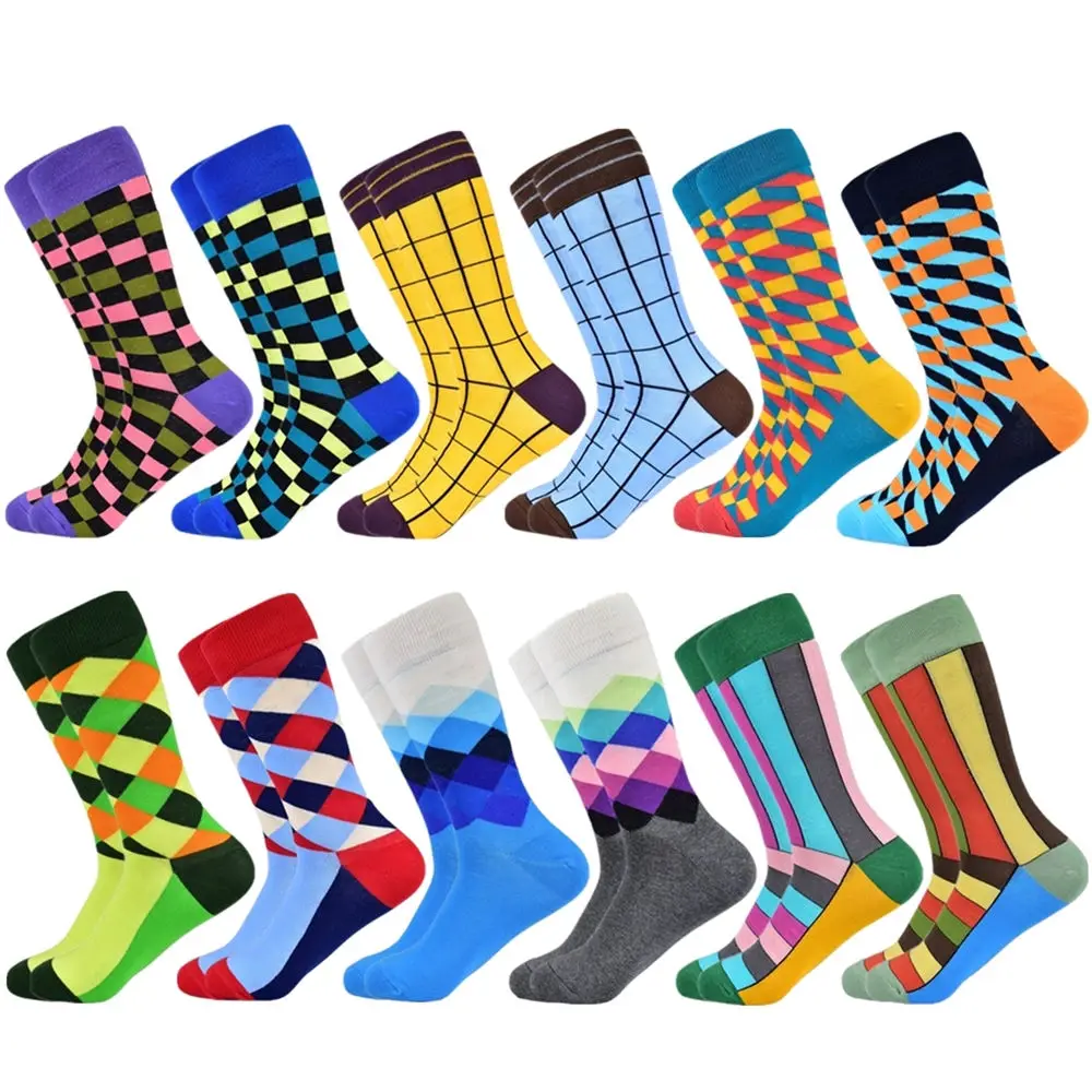 12 pairs socks-17 Популярные мужские носки из чесаного хлопка подарки для мужчин клетчатые геометрические повседневные мужские носки Цветные счастливые мужские носки - Цвет: 12 pairs socks-17