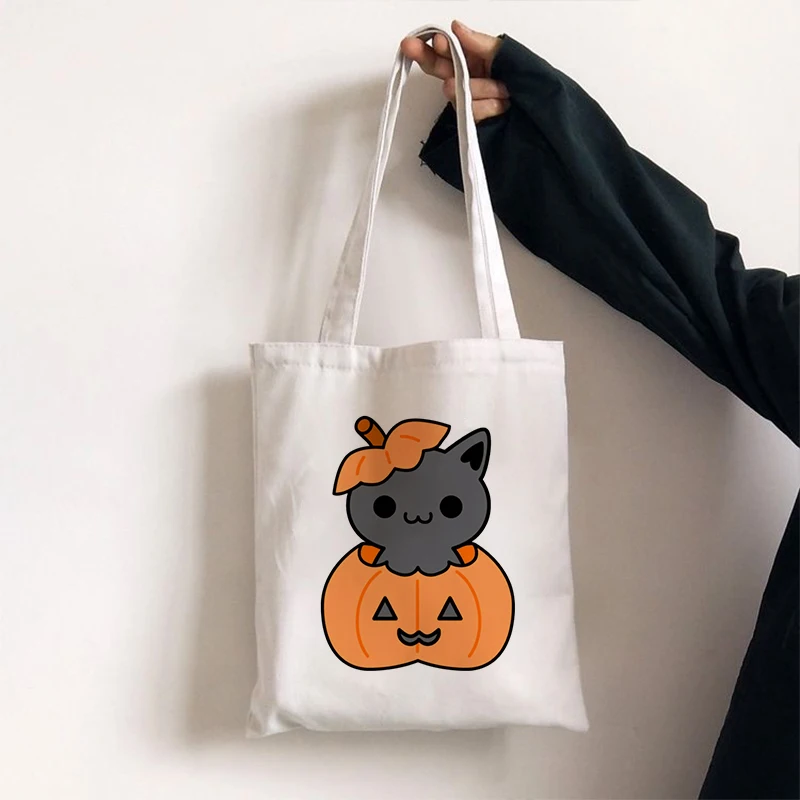 

Halloween Theme Pumpkin And Cat Shopper Bag Tote Bag Shopping Bags Travel Bags Canvas Pacakge Handbag Large Capacity College