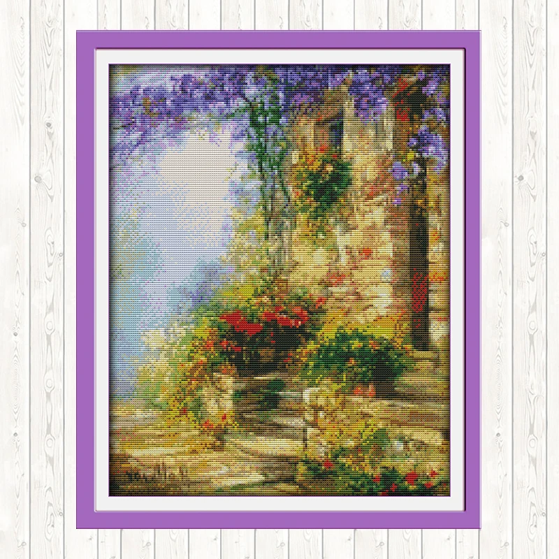 

Flower Path DMC Cotton Thread Printed Canvas 14CT 11CT Counted and Stamped Cross Stitch Kit Embroidery Kit DIY Needlework Crafts