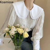 koamissa spring autumn new womens mesh blouses 2021 puff sleeves peter pan collar loose tops elegant office ladies white shirts