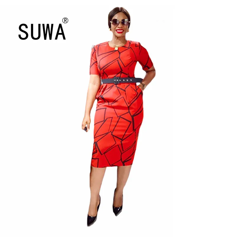 

2020 new fashion office dress for women summer clothing short sleeve high waist print striped dress elegant bodycon dress