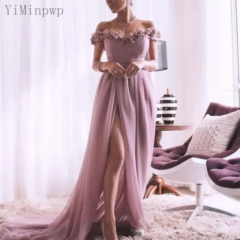

YiMinpwp Pink Prom Dresses Off Shoulder Side Split Sweep Train 3D Floral Long Formal Evening Party Gowns for Special Occasions