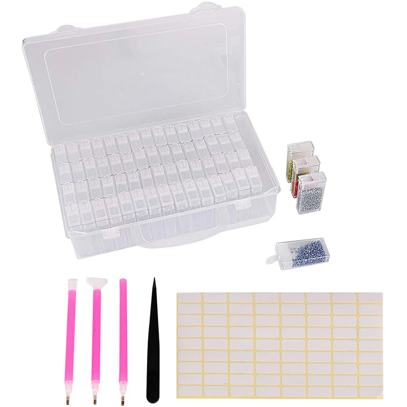 

64 Grid Diamond Painting Drill Storage Container, Beads Organizer Storage Case with Label and 1Tweezers and 3 Diamond Stitch pen
