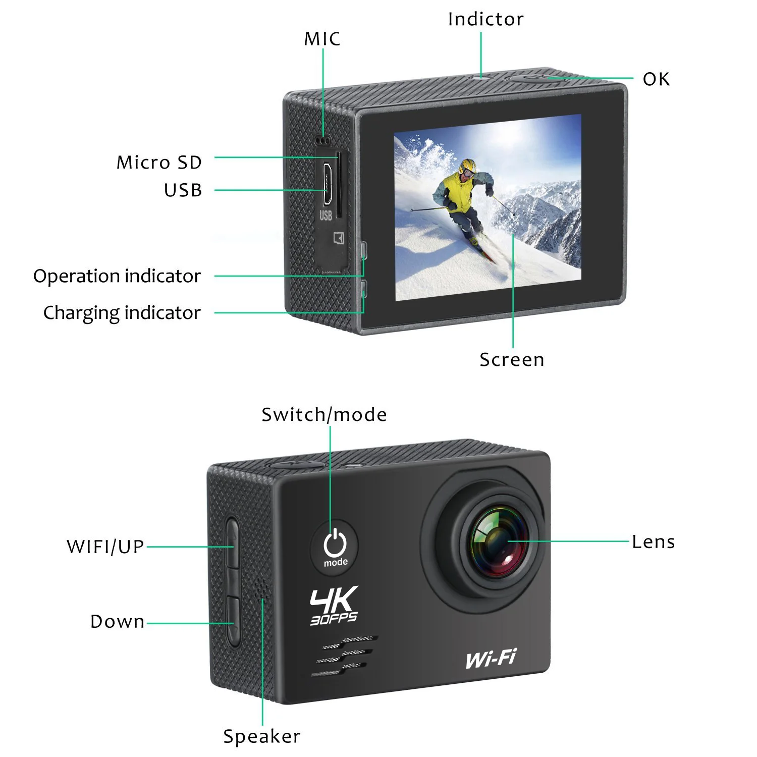 Цена Экшн-камера, 4K, 30 кадров/с, Ultra HD, Wi-Fi, 2,0 дюйма, 16 Мп, 170D, 30 м