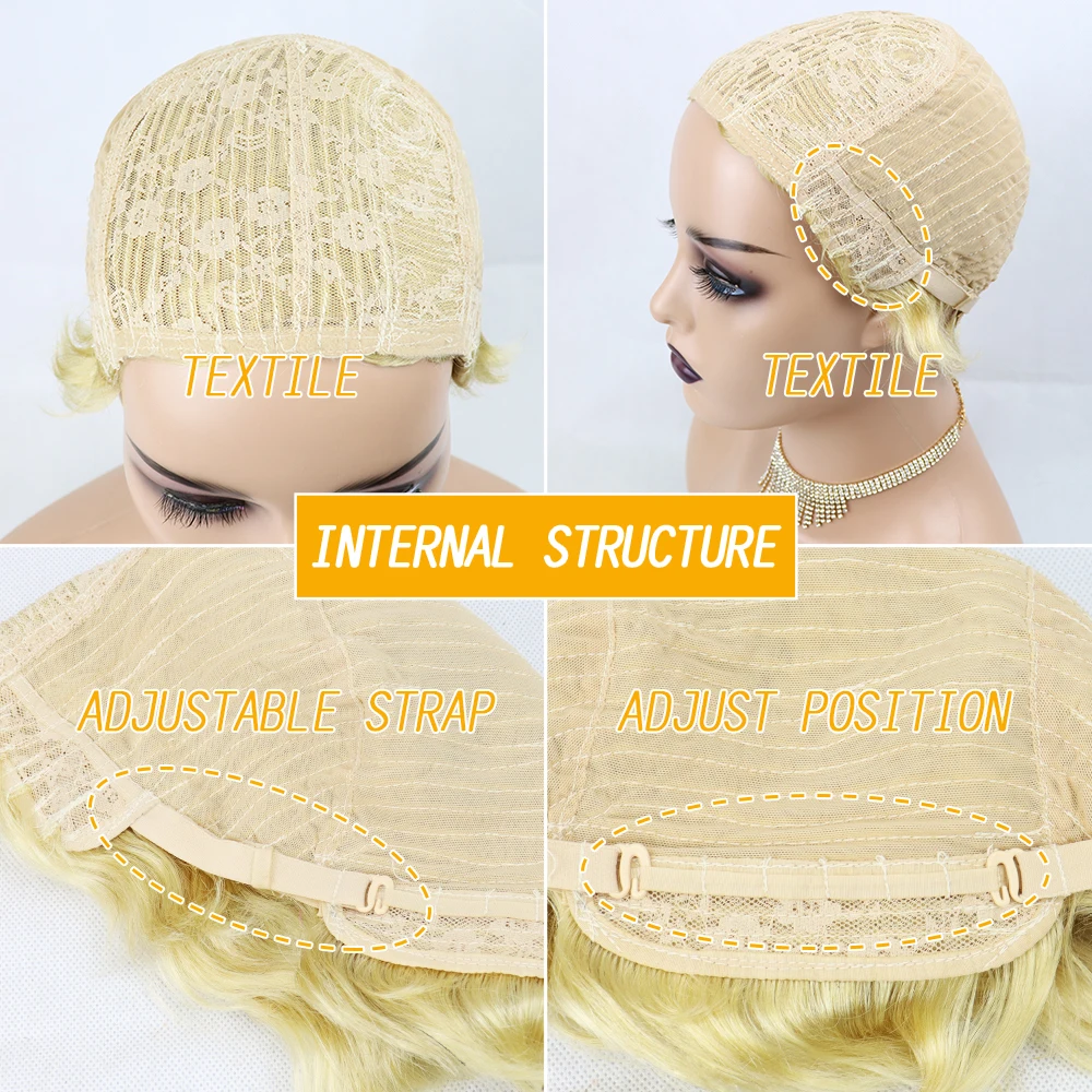 Finger Wave Wigs Cheap Brazilian Short Pixie Cut Human Hair Wig 613 Blonde Machine Made | Шиньоны и парики