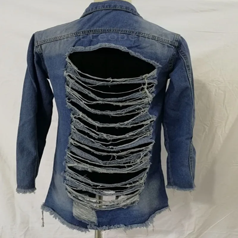 Женская рваная джинсовая куртка Modis Повседневная облегающая с длинными рукавами