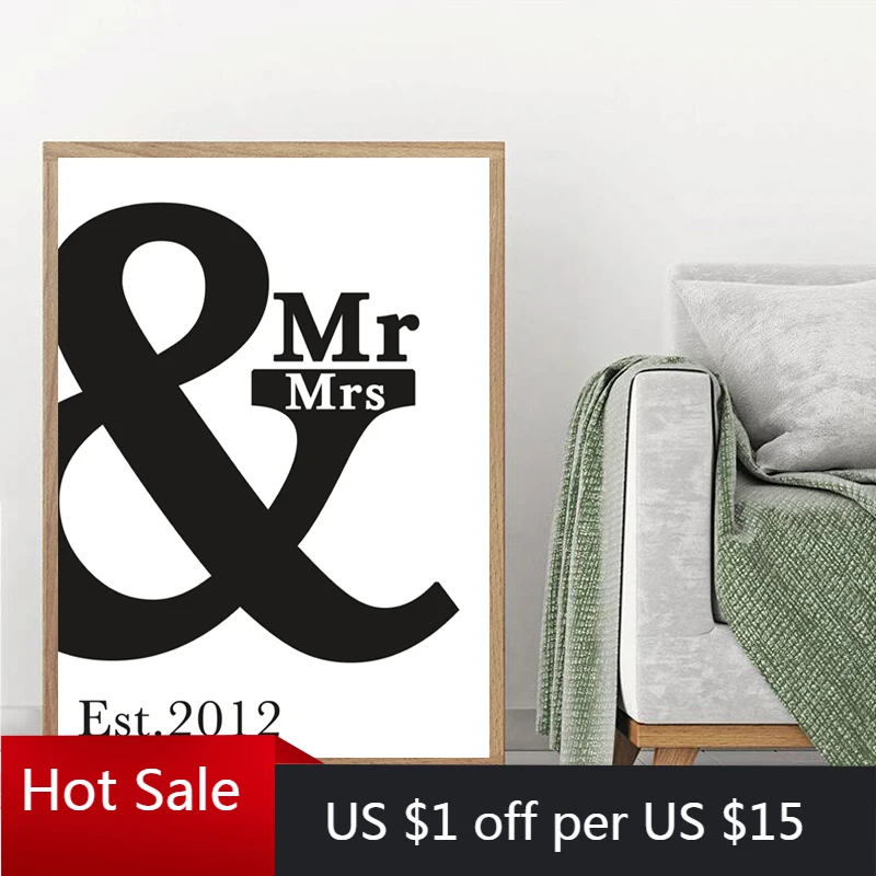 Черно-белая минималистская Картина на холсте Мистер и миссис плакат печать