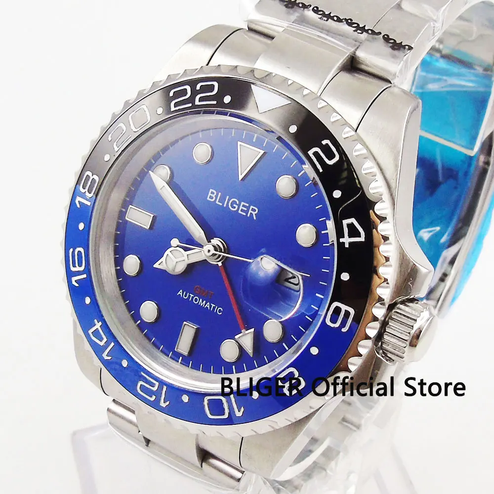 BLIGER роскошные механические мужские часы Функция GMT сапфировое стекло окно даты 40