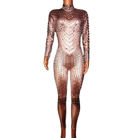 sparkling full rhinestones pearl tights jumpsuit long sleeve backless shiny costume women nightclub dance show wear stage outfit