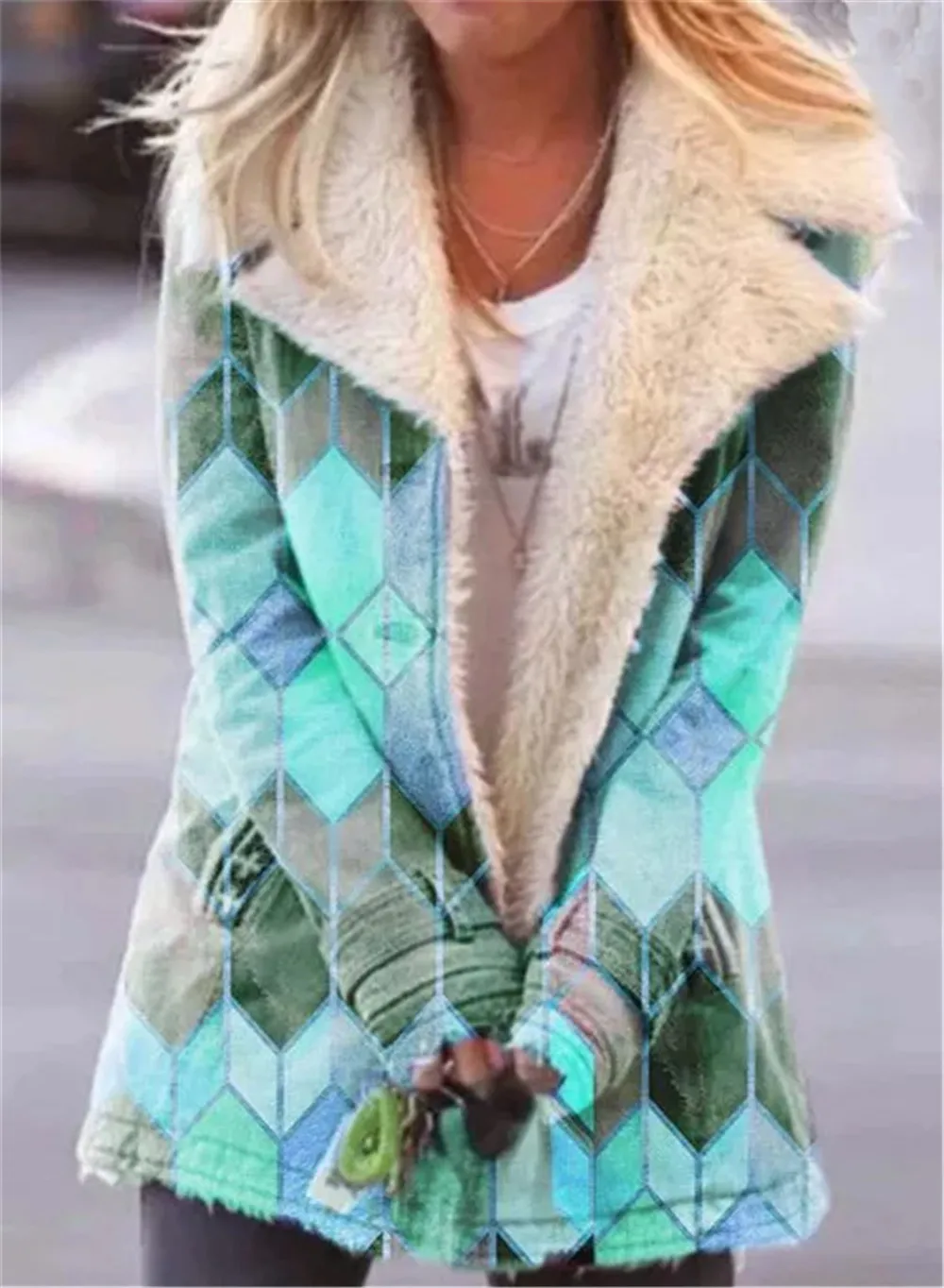 

Winter Jacket Women Argyle printed Turn Down Collar Fleece Warm Plush Coat Plus Size Clothing