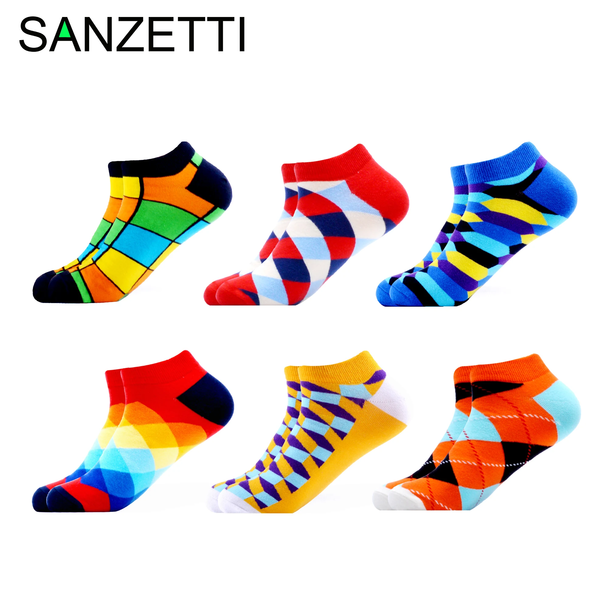 Сланцы SANZETTI, Для мужчин 6 пар/лот яркой летней чесаный Хлопковые короткие носки в полоску и клетку; Дышащие носки Harajuku счастливые носки для подарка