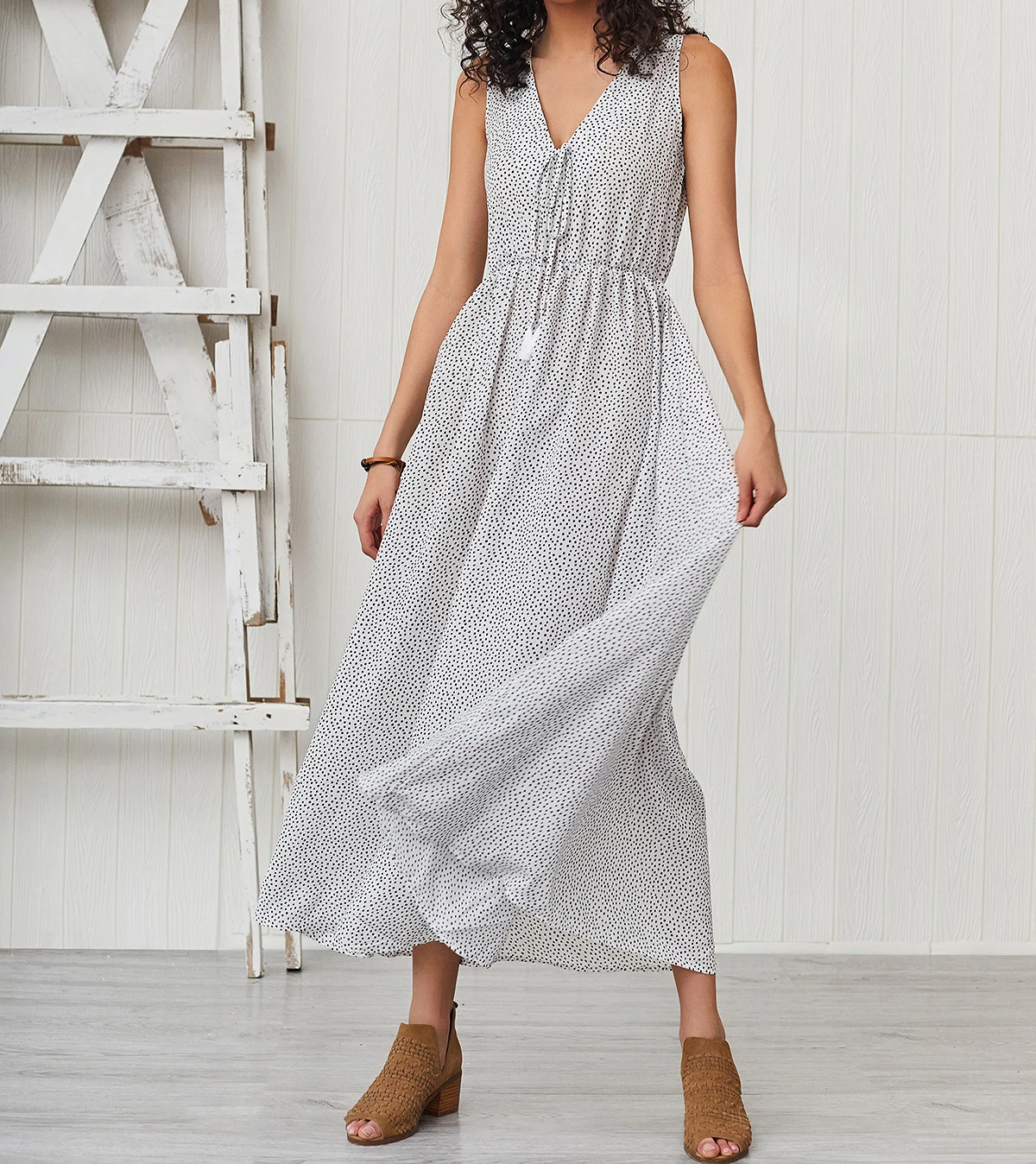 TEELYNN sexy sleeveless deep v neck maxi women dresses summer vintage cotton rayon white polka dot dress boho beach vestidos | Женская