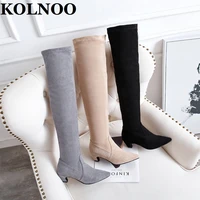 kolnoo new handmade ladies low heels long boots sexy evening party over knee boots big size 34 50 winter fashion daily shoes