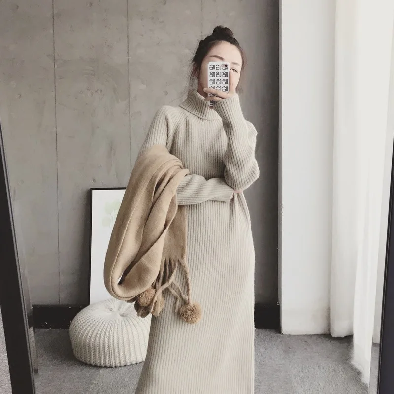 

Women Sweater Dress Pullover Knitted Femme Dresses Plus Size Autumn Winter Dress Turtleneck Warm Jersey Female Jumper