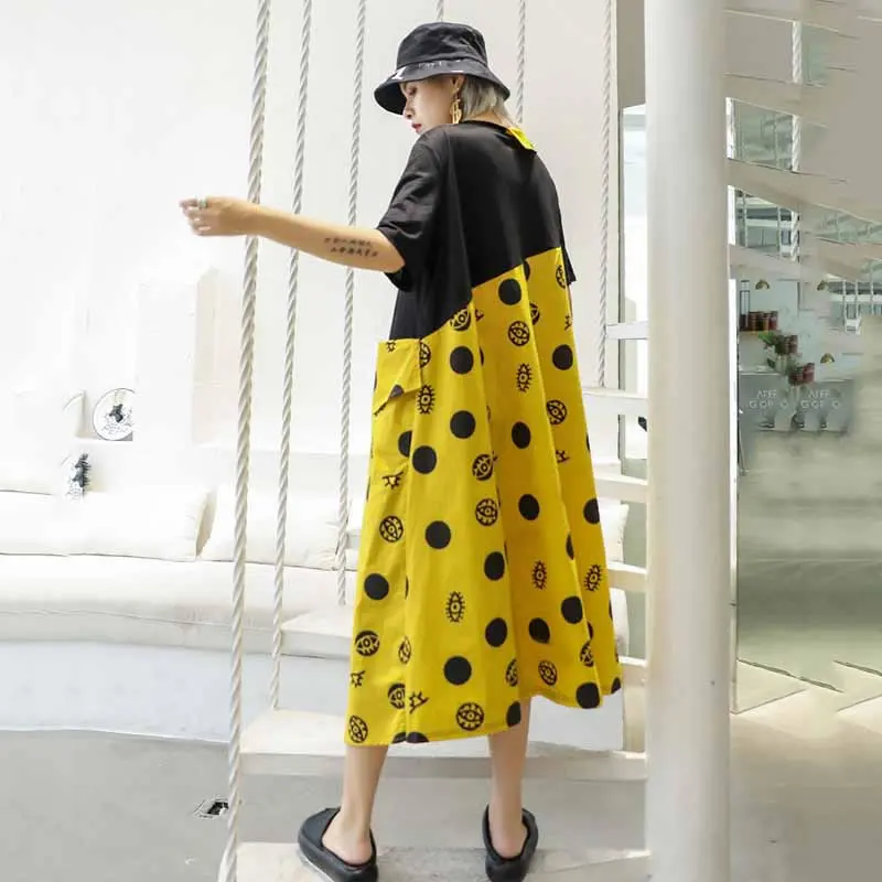 Женское платье в горох XITAO свободное Повседневное до середины икры с короткими