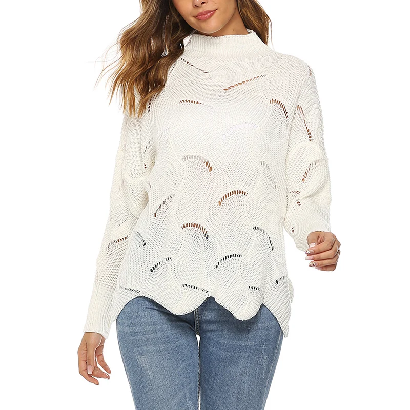 

Fashion Solid Color Round Neck High Collar Hole Knit Sweaters Irregular Long Sleeve Sweater