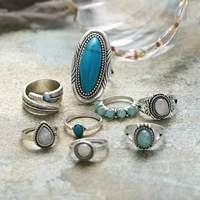 8 pcsset vintage boho green resin stone rings set for women silver metal turquoises oval carved ring set ethnic style jewelry