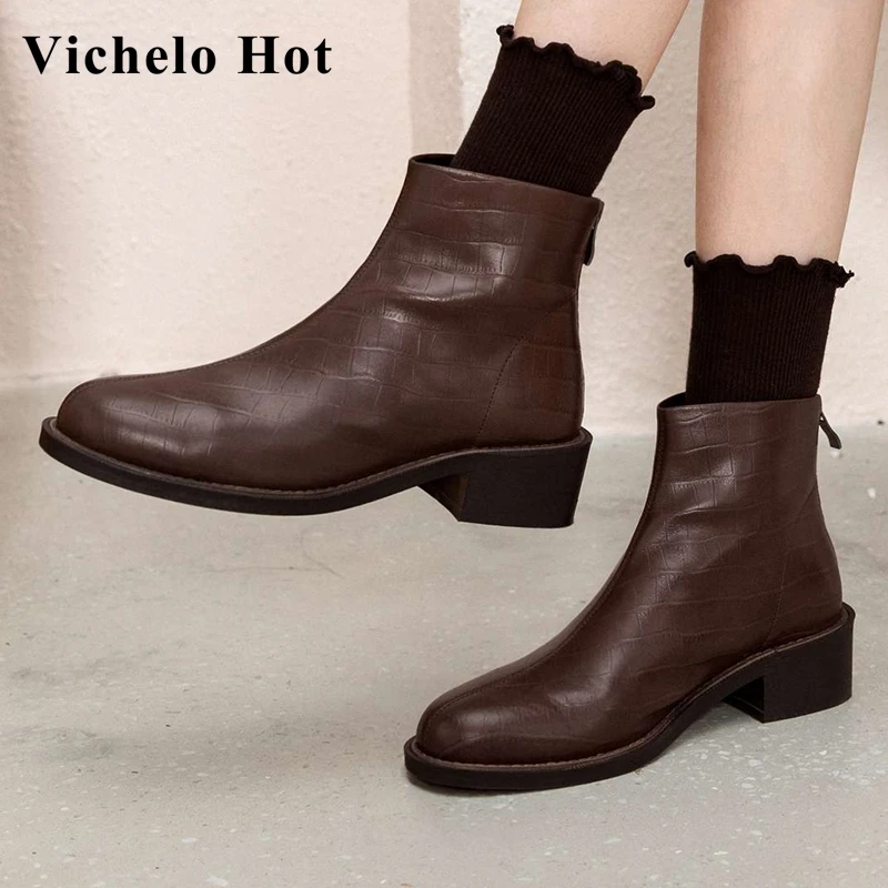 

Vichelo Hot genuine leather round toe med heel short boots winter keep warm young lady daily wear vintage solid ankle boots L55