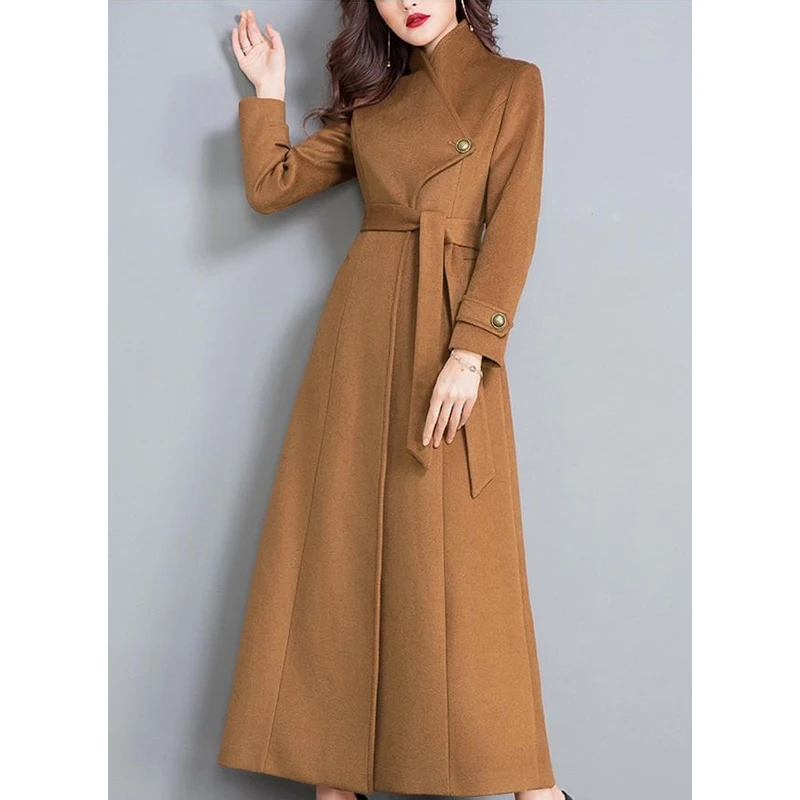 

Brown Tweed Coat Women's Long Waist High Composition Wool Coat Autumn Winter 2021 New
