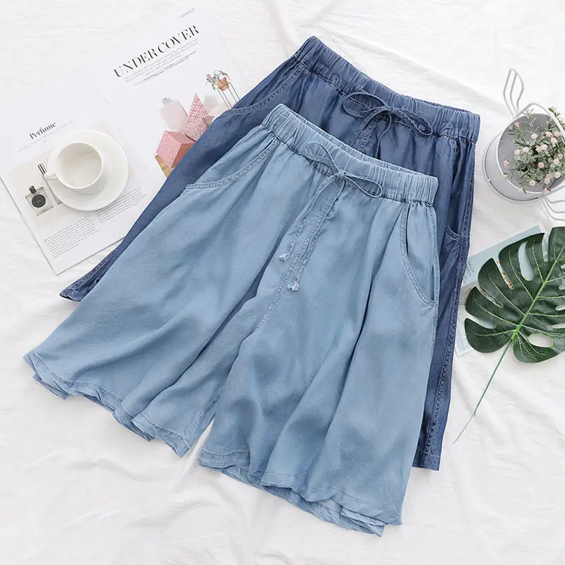 

Women's Summer Thin plus Size Fat mm Loose Korean-Style Wide Leg Hot Pants Elastic Waist Casual Tencel Denim Skirted