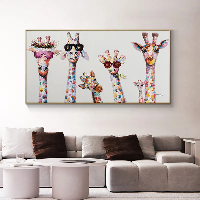 Картины на холсте с граффити красочные Животные Жираф семья очками картины
