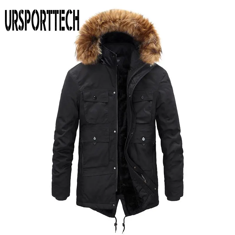Long Winter Jacket Men Outdoor Fur Hooded Mens Winter Male Jacket Windbreaker Casual Coat Oversized Velvet Down Jackets Overcoat