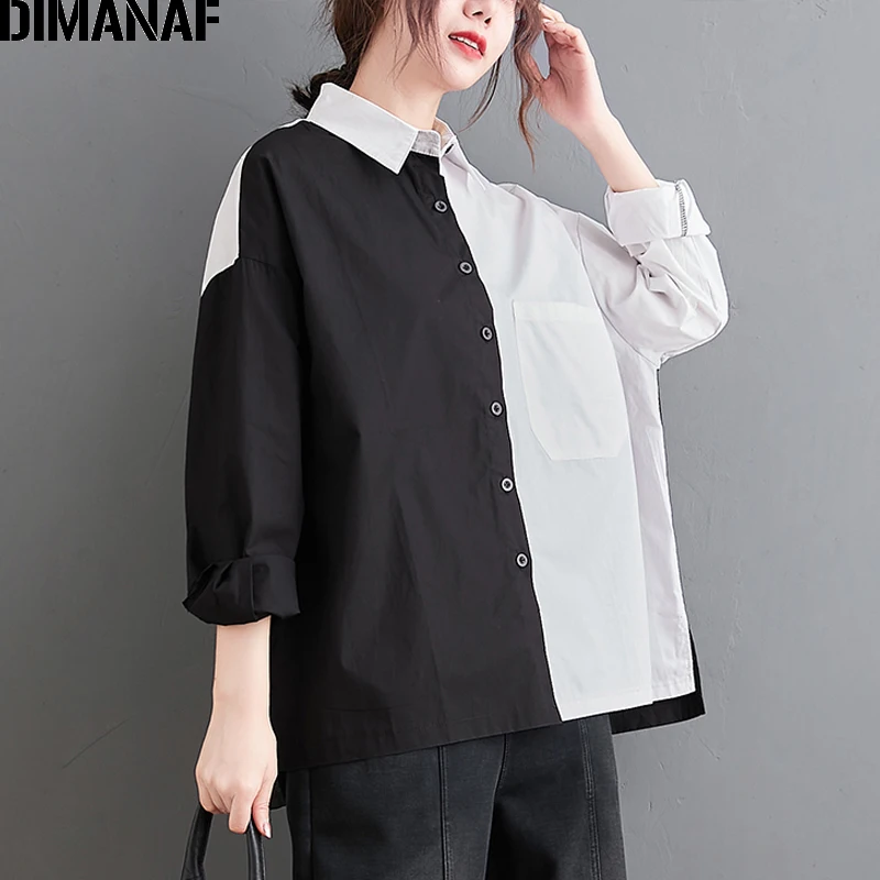 

DIMANAF Plus Size Women Blouse Shirt Office Lady Tops Tunic Cotton Long Sleeve Clothing Loose Button Cardigan Spring Black White