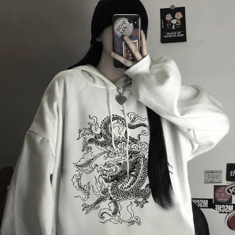 Women Oversized Sweetshirt Harajuku Vintage Hoodie Hoodie Women Streetwear Chinese Dragon Print Hooded Winter Sweatshirt Clothes