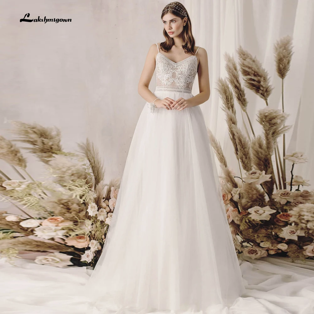 

Свадебные платья на тонких бретельках, кружевные платья из тюля с иллюзией, аппликациями и V-образным вырезом, свадебные платья Lakshmigown на мол...