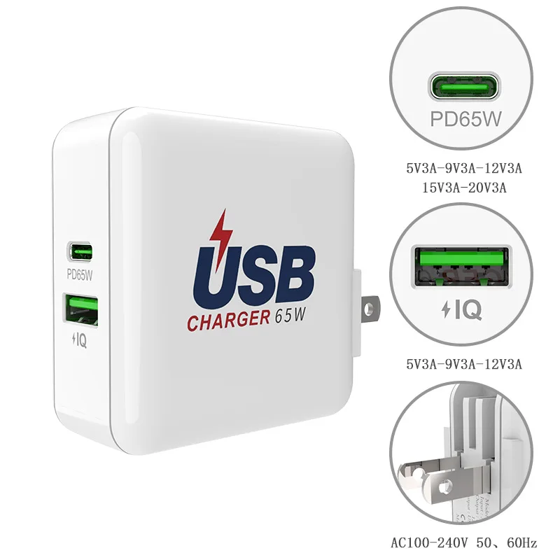 

USB Charger 65W Quick Charge 4.0 PD Fast Charge AFC FCP Travel Charger For Macbook Pro For iPhone 11 X XS Huawei Mate20