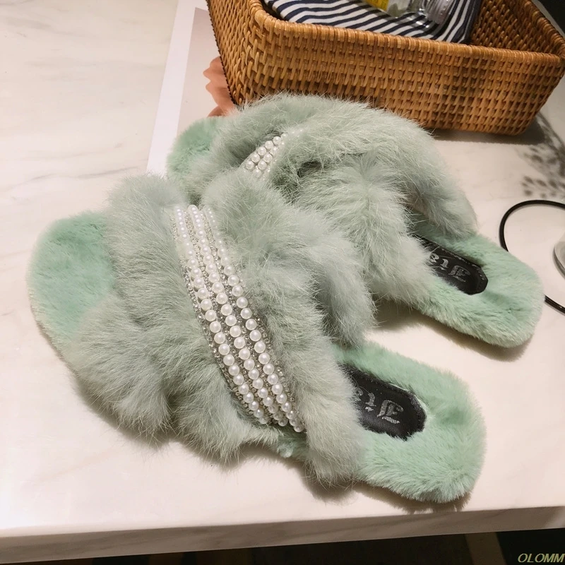 

Fluffy rhinestone Fur Winter Woman Cotton Slippers Slip On Warm Shoes non-slip Flats Female Spring Autumn Winter House Shoes