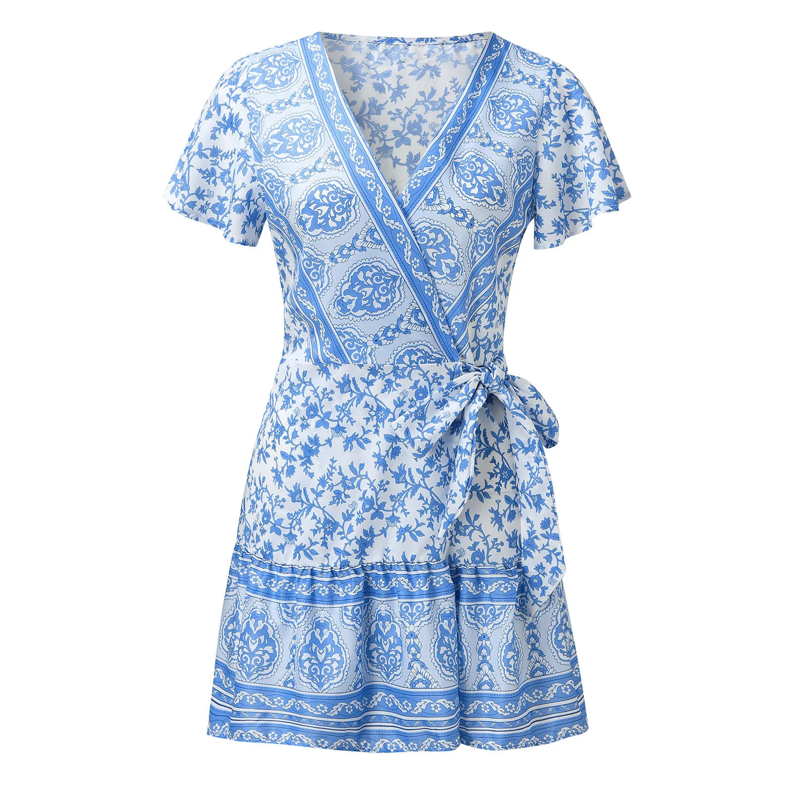 

New Women's Dress 2021 Summer Dresses Fashion Floral Printed V-neck Pleated Short Sleeve Dress Woman High Waist Party Dress