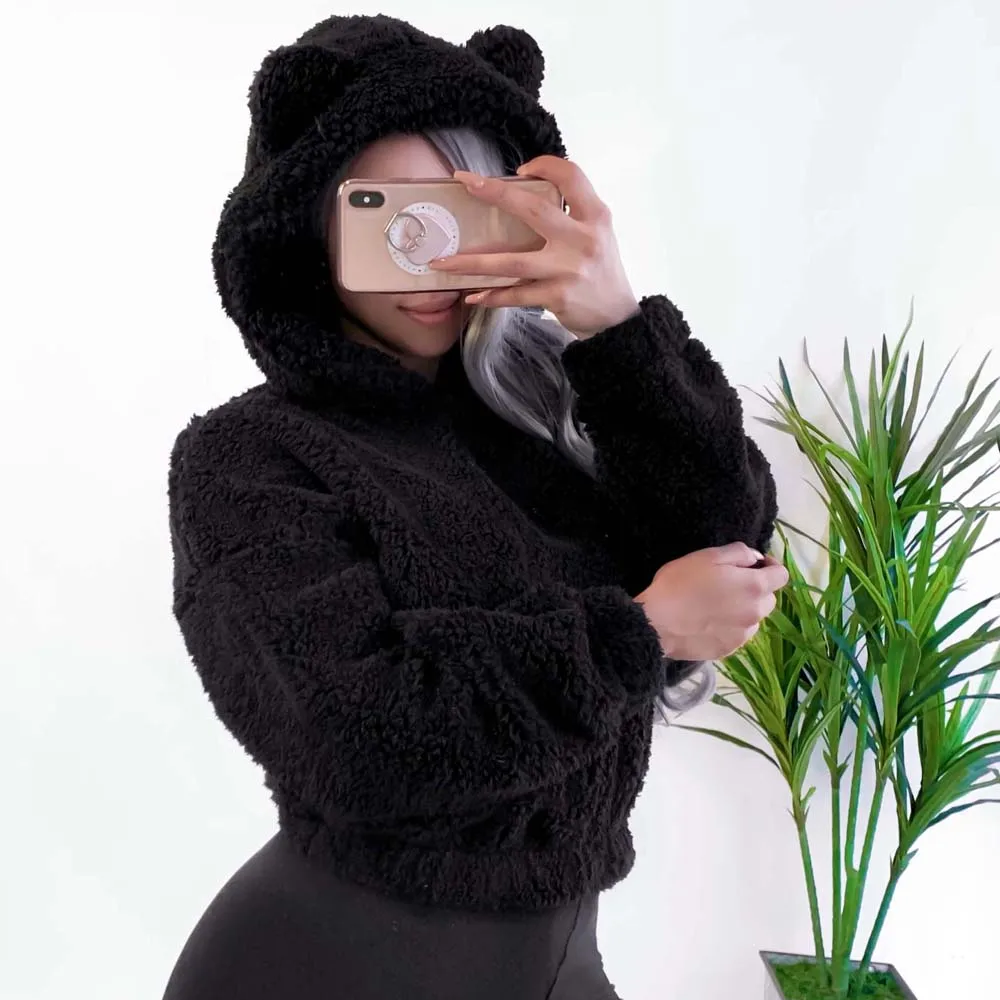 Vieuunsta Женская толстовка Kawaii флис мех длинный рукав с капюшоном Осень Зима мишка уши мягкий пуловер толстовка с капюшоном XL