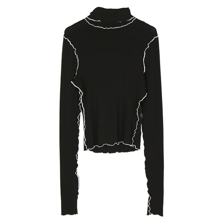2020 New Autumn Winter High Collar Long Sleeve Solid Color Black Reffles Split Joint Loose T-shirt Women Fashion Tide | Женская одежда